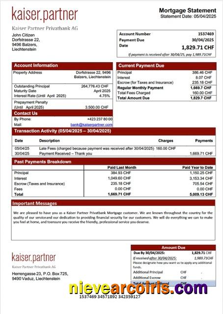 Liechtenstein Kaiser Partner Privatbank mortgage statement Word and PDF template